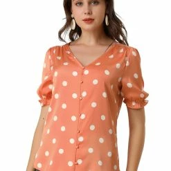 Allegra K Women's Satin Blouse V Neck Polka Dots Print Button Down Puff Sleeve Top Shirt