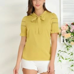 Allegra K Women's Relax Ruffle Cuff Short Sleeve Blouse Bow Tie Collar Top