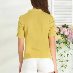 Allegra K Women's Relax Ruffle Cuff Short Sleeve Blouse Bow Tie Collar Top