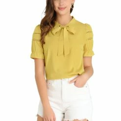 Allegra K Women's Relax Ruffle Cuff Short Sleeve Blouse Bow Tie Collar Top