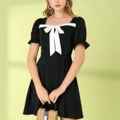 Allegra K Women's Retro Short Sleeve Contrast Color A Line Satin Mini Dress