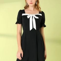 Allegra K Women's Retro Short Sleeve Contrast Color A Line Satin Mini Dress