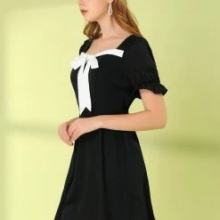 Allegra K Women's Retro Short Sleeve Contrast Color A Line Satin Mini Dress