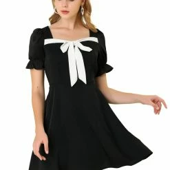 Allegra K Women's Retro Short Sleeve Contrast Color A Line Satin Mini Dress