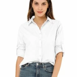 Allegra K Women's Button Down Shirts Collared Work Office Roll-up Long Sleeve Shirt 52 Allegra K Women's Button Down Shirts Collared Work Office Roll-up Long Sleeve Shirt