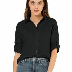 Allegra K Women's Button Down Shirts Collared Work Office Roll-up Long Sleeve Shirt 58 Allegra K Women's Button Down Shirts Collared Work Office Roll-up Long Sleeve Shirt