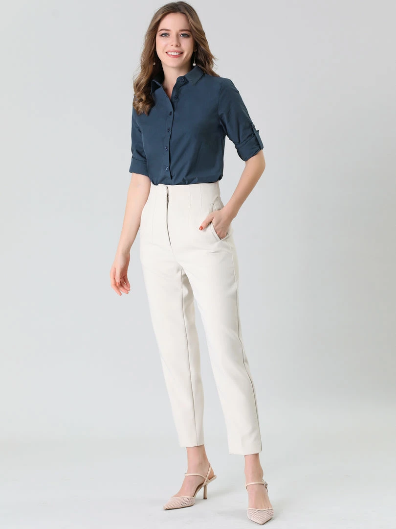 Allegra K Women's Button Down Shirts Collared Work Office Roll-up Long Sleeve Shirt 18 Allegra K Women's Button Down Shirts Collared Work Office Roll-up Long Sleeve Shirt