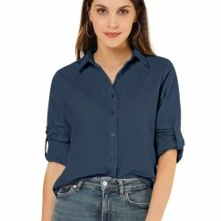 Allegra K Women's Button Down Shirts Collared Work Office Roll-up Long Sleeve Shirt 46 Allegra K Women's Button Down Shirts Collared Work Office Roll-up Long Sleeve Shirt