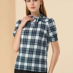 Allegra K Women's Plaid Tie Collar Neck Blouse Retro Short Puff Short Sleeve Shirt Top