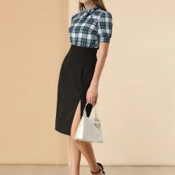 Allegra K Women's Plaid Tie Collar Neck Blouse Retro Short Puff Short Sleeve Shirt Top