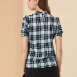 Allegra K Women's Plaid Tie Collar Neck Blouse Retro Short Puff Short Sleeve Shirt Top