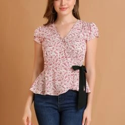 Allegra K Women's Floral Print V Neck Cap Sleeve Tie Waist Wrap Peplum Top 11 Allegra K Women's Floral Print V Neck Cap Sleeve Tie Waist Wrap Peplum Top