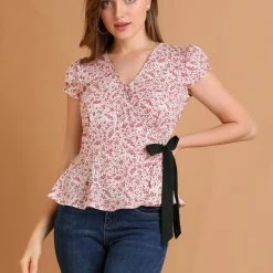 Allegra K Women's Floral Print V Neck Cap Sleeve Tie Waist Wrap Peplum Top 12 Allegra K Women's Floral Print V Neck Cap Sleeve Tie Waist Wrap Peplum Top