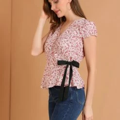Allegra K Women's Floral Print V Neck Cap Sleeve Tie Waist Wrap Peplum Top 13 Allegra K Women's Floral Print V Neck Cap Sleeve Tie Waist Wrap Peplum Top