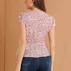 Allegra K Women's Floral Print V Neck Cap Sleeve Tie Waist Wrap Peplum Top 14 Allegra K Women's Floral Print V Neck Cap Sleeve Tie Waist Wrap Peplum Top