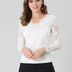Allegra K Women’s Floral Lace Shirt Top V-Neck Long Sleeve Lace Scalloped Trim Blouse 24 Allegra K Women’s Floral Lace Shirt Top V-Neck Long Sleeve Lace Scalloped Trim Blouse