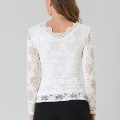 Allegra K Women’s Floral Lace Shirt Top V-Neck Long Sleeve Lace Scalloped Trim Blouse 26 Allegra K Women’s Floral Lace Shirt Top V-Neck Long Sleeve Lace Scalloped Trim Blouse