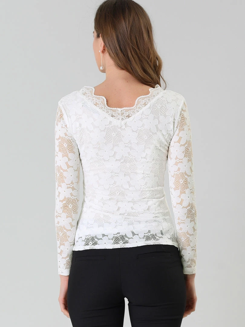 Allegra K Women’s Floral Lace Shirt Top V-Neck Long Sleeve Lace Scalloped Trim Blouse 8 Allegra K Women’s Floral Lace Shirt Top V-Neck Long Sleeve Lace Scalloped Trim Blouse