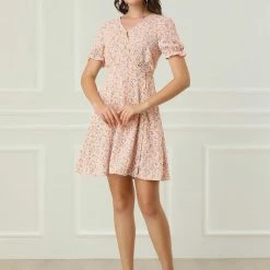 Allegra K Women's Puff Sleeve Decor Button V Neck Fit And Flare Floral Dress