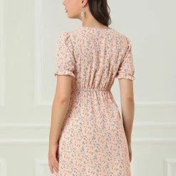 Allegra K Women's Puff Sleeve Decor Button V Neck Fit And Flare Floral Dress