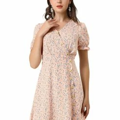 Allegra K Women's Puff Sleeve Decor Button V Neck Fit And Flare Floral Dress
