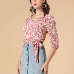 Allegra K Women's Floral Print Ruffle Wrap Peplum Tie Waist Top 13 Allegra K Women's Floral Print Ruffle Wrap Peplum Tie Waist Top