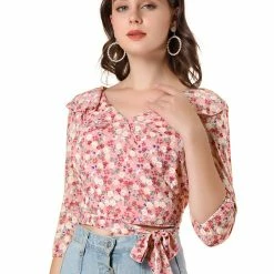 Allegra K Women's Floral Print Ruffle Wrap Peplum Tie Waist Top