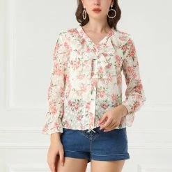 Allegra K Women's V-Neck Ruffle Collar Top Long Sleeve Valentine's Day Rose Floral Blouse