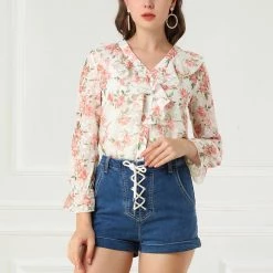 Allegra K Women's V-Neck Ruffle Collar Top Long Sleeve Valentine's Day Rose Floral Blouse