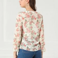 Allegra K Women's V-Neck Ruffle Collar Top Long Sleeve Valentine's Day Rose Floral Blouse