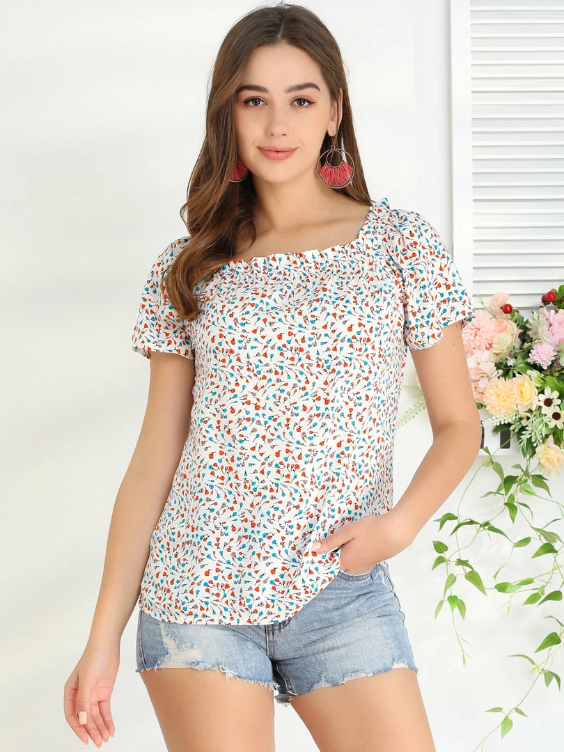 Allegra K Women's Casual Short Sleeve Blouse Summer Square Neck Floral Tops 6 Allegra K Women's Casual Short Sleeve Blouse Summer Square Neck Floral Tops