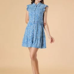 Allegra K Women's Full Placket Above Knee Gathering Print Flare Sleeve Dress