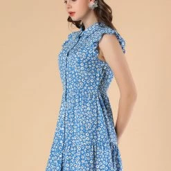 Allegra K Women's Full Placket Above Knee Gathering Print Flare Sleeve Dress