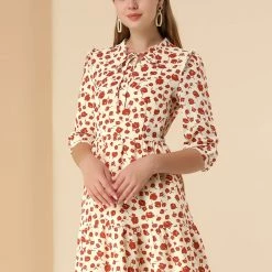 Allegra K Women's Floral Ruffle Tie Neck 3/4 Sleeve Dress With Pockets