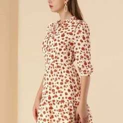 Allegra K Women's Floral Ruffle Tie Neck 3/4 Sleeve Dress With Pockets