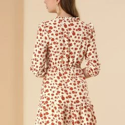 Allegra K Women's Floral Ruffle Tie Neck 3/4 Sleeve Dress With Pockets