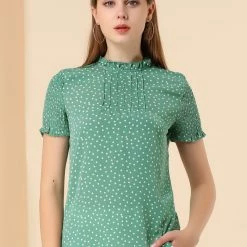 Allegra K Women's Polka Dots Smocked Sleeves Ruffle Neck Blouse Top 17 Allegra K Women's Polka Dots Smocked Sleeves Ruffle Neck Blouse Top