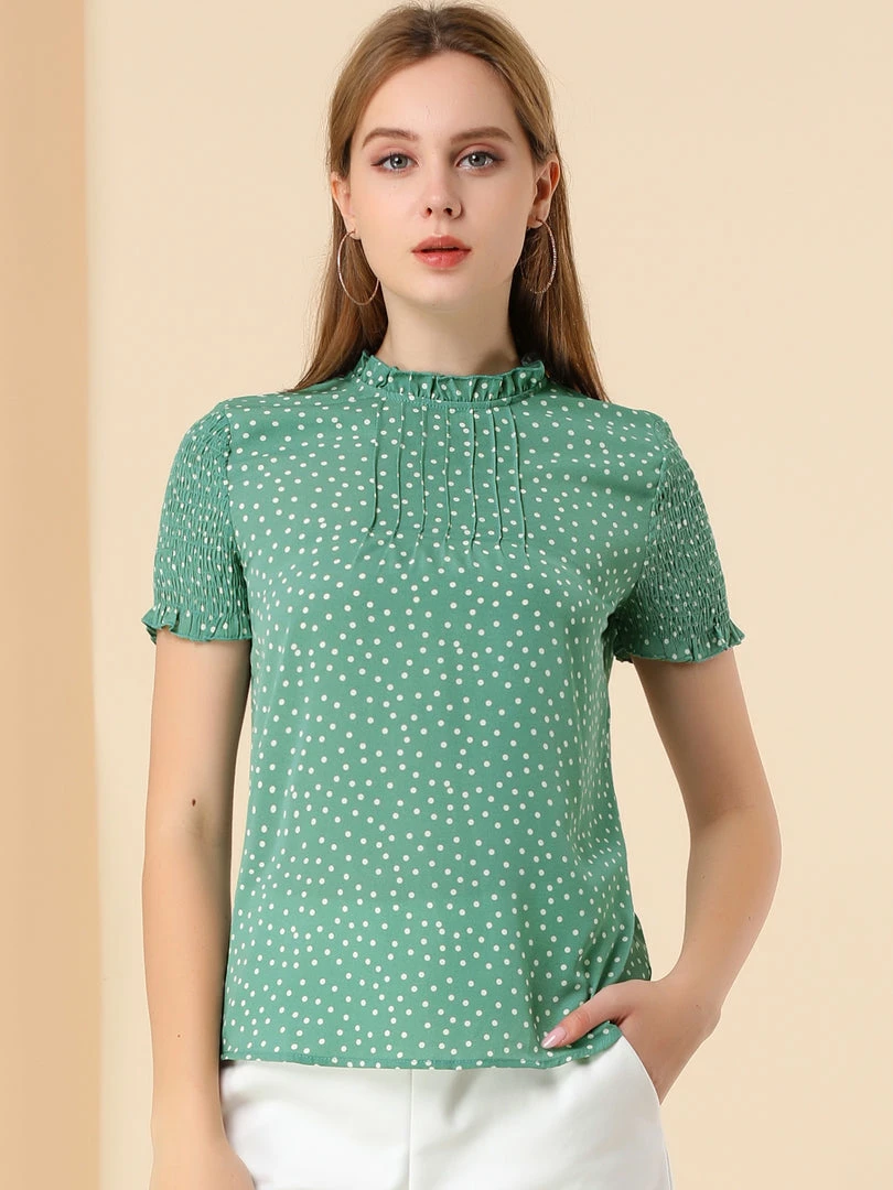 Allegra K Women's Polka Dots Smocked Sleeves Ruffle Neck Blouse Top 5 Allegra K Women's Polka Dots Smocked Sleeves Ruffle Neck Blouse Top
