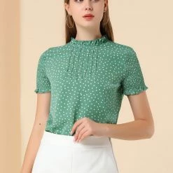 Allegra K Women's Polka Dots Smocked Sleeves Ruffle Neck Blouse Top 18 Allegra K Women's Polka Dots Smocked Sleeves Ruffle Neck Blouse Top