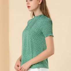 Allegra K Women's Polka Dots Smocked Sleeves Ruffle Neck Blouse Top 19 Allegra K Women's Polka Dots Smocked Sleeves Ruffle Neck Blouse Top