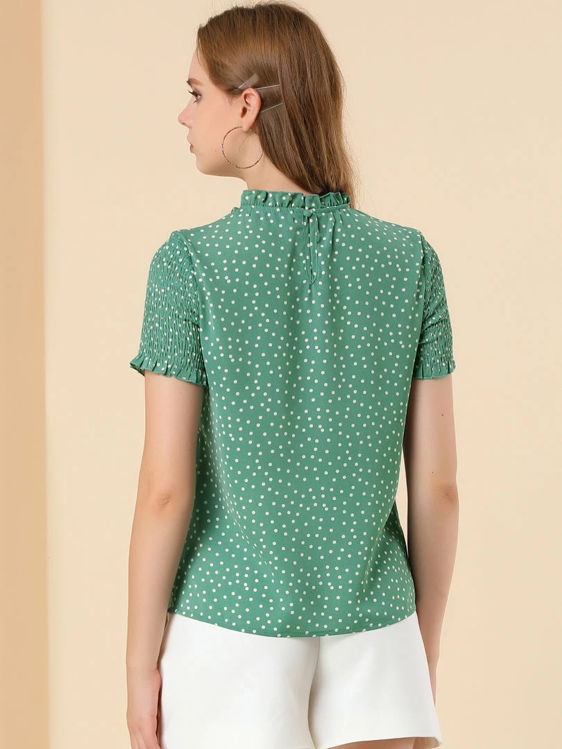 Allegra K Women's Polka Dots Smocked Sleeves Ruffle Neck Blouse Top 8 Allegra K Women's Polka Dots Smocked Sleeves Ruffle Neck Blouse Top
