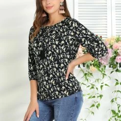 Allegra K Women's Retro 3/4 Sleeve Keyhole Tie Neck Floral Blouse