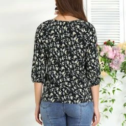 Allegra K Women's Retro 3/4 Sleeve Keyhole Tie Neck Floral Blouse