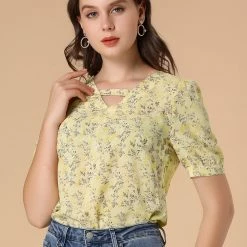 Allegra K Women's Peasant Floral Printed Short Sleeve Choker Neck Work Office Top Blouse 11 Allegra K Women's Peasant Floral Printed Short Sleeve Choker Neck Work Office Top Blouse