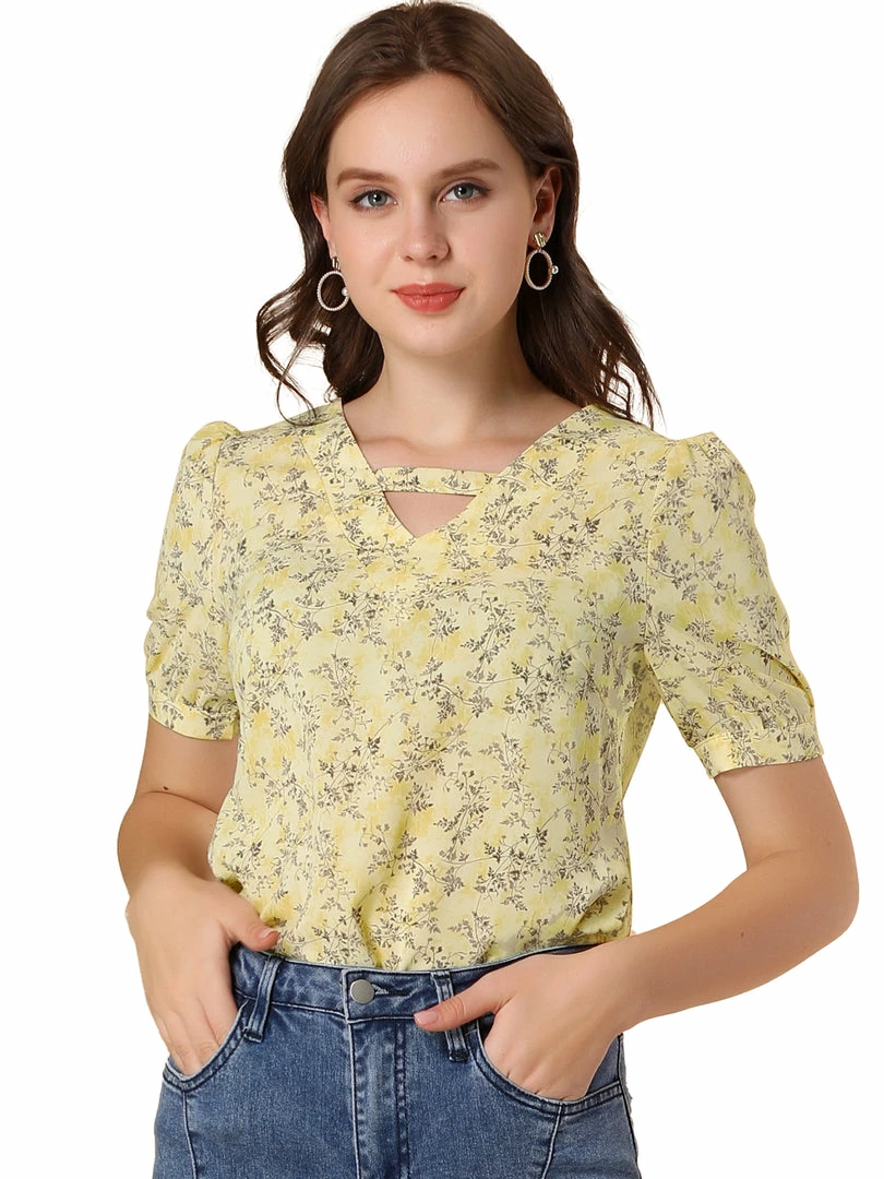 Allegra K Women's Peasant Floral Printed Short Sleeve Choker Neck Work Office Top Blouse 4 Allegra K Women's Peasant Floral Printed Short Sleeve Choker Neck Work Office Top Blouse