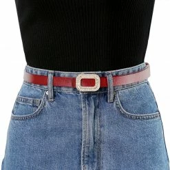 Allegra K Accessories Skinny Faux Leather Belts For Women With Square Designer Buckle Waist Belt For Dress Pants