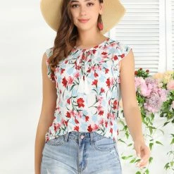 Allegra K Women's Floral Self Tie Neck Tassel Sleeveless Ruffle Shirt Blouse 11 Allegra K Women's Floral Self Tie Neck Tassel Sleeveless Ruffle Shirt Blouse