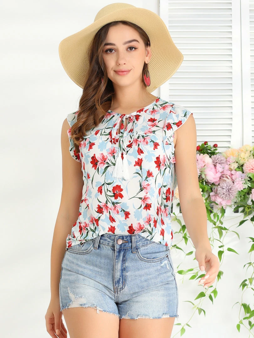 Allegra K Women's Floral Self Tie Neck Tassel Sleeveless Ruffle Shirt Blouse 5 Allegra K Women's Floral Self Tie Neck Tassel Sleeveless Ruffle Shirt Blouse