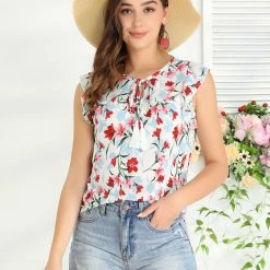 Allegra K Women's Floral Self Tie Neck Tassel Sleeveless Ruffle Shirt Blouse 12 Allegra K Women's Floral Self Tie Neck Tassel Sleeveless Ruffle Shirt Blouse