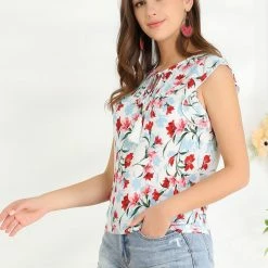 Allegra K Women's Floral Self Tie Neck Tassel Sleeveless Ruffle Shirt Blouse 13 Allegra K Women's Floral Self Tie Neck Tassel Sleeveless Ruffle Shirt Blouse